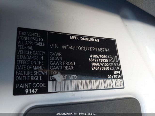 Photo 8 VIN: WD4PF0CD7KP168794 - MERCEDES-BENZ SPRINTER 2500 