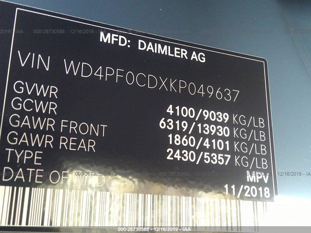 Photo 8 VIN: WD4PF0CDXKP049637 - MERCEDES-BENZ SPRINTER VAN 