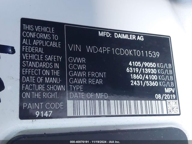 Photo 8 VIN: WD4PF1CD0KT011539 - MERCEDES-BENZ SPRINTER 