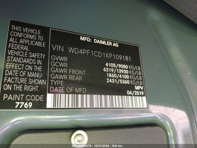 Photo 8 VIN: WD4PF1CD1KP109181 - MERCEDES-BENZ SPRINTER 