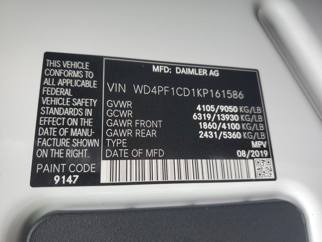 Photo 9 VIN: WD4PF1CD1KP161586 - MERCEDES-BENZ SPRINTER 