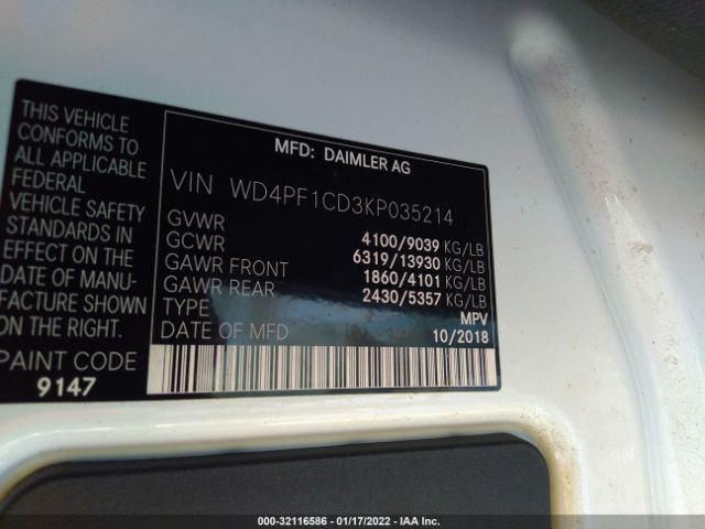 Photo 8 VIN: WD4PF1CD3KP035214 - MERCEDES-BENZ SPRINTER VAN 