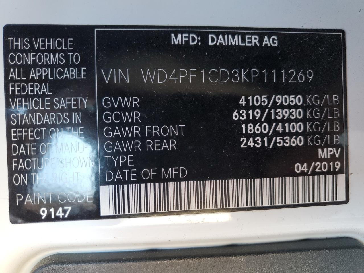 Photo 12 VIN: WD4PF1CD3KP111269 - MERCEDES-BENZ SPRINTER 