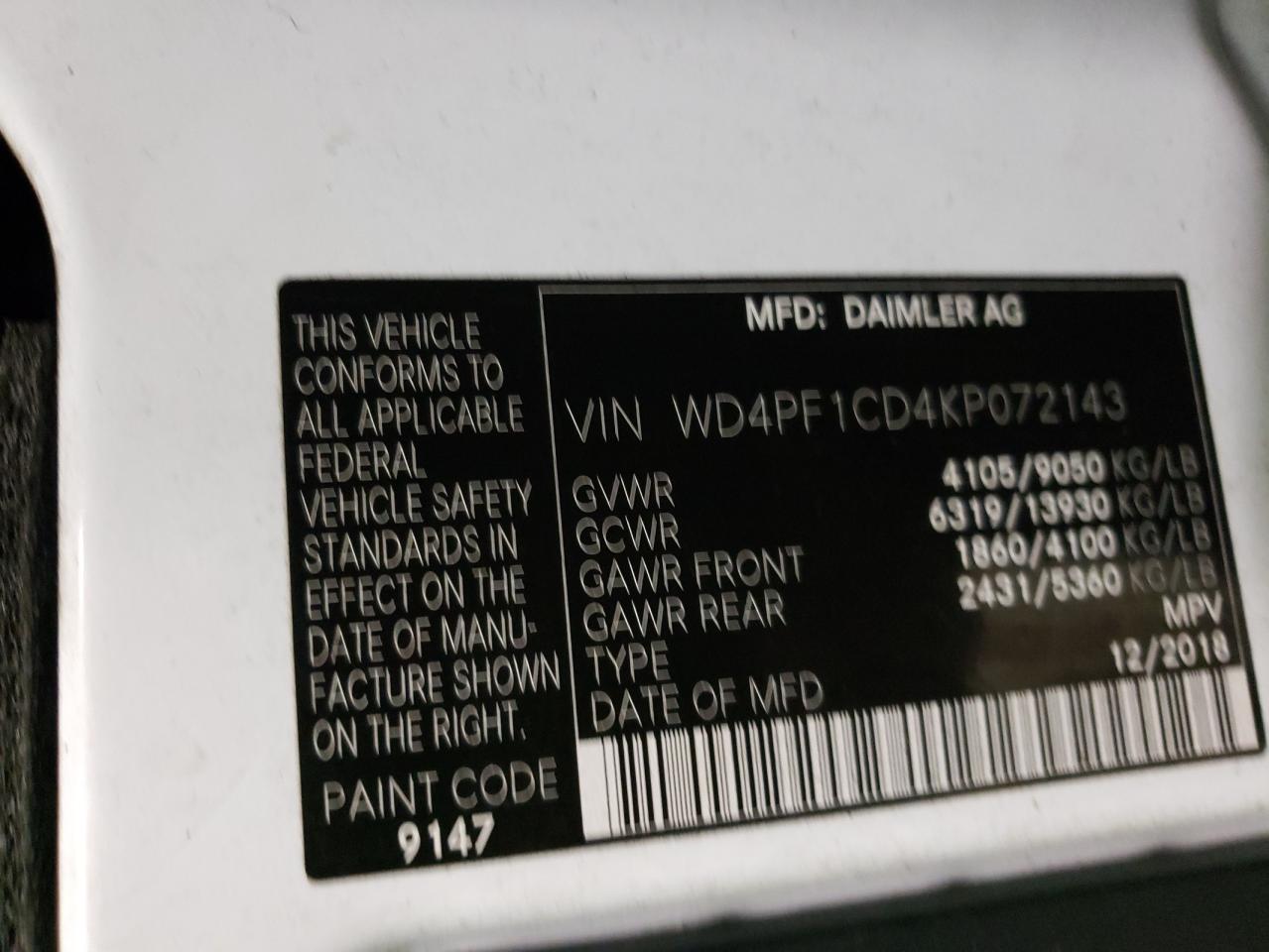 Photo 12 VIN: WD4PF1CD4KP072143 - MERCEDES-BENZ SPRINTER 