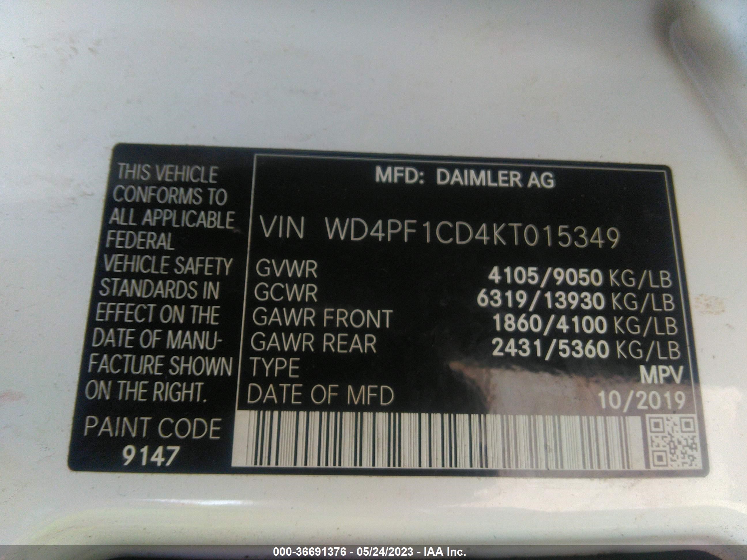 Photo 8 VIN: WD4PF1CD4KT015349 - MERCEDES-BENZ SPRINTER 