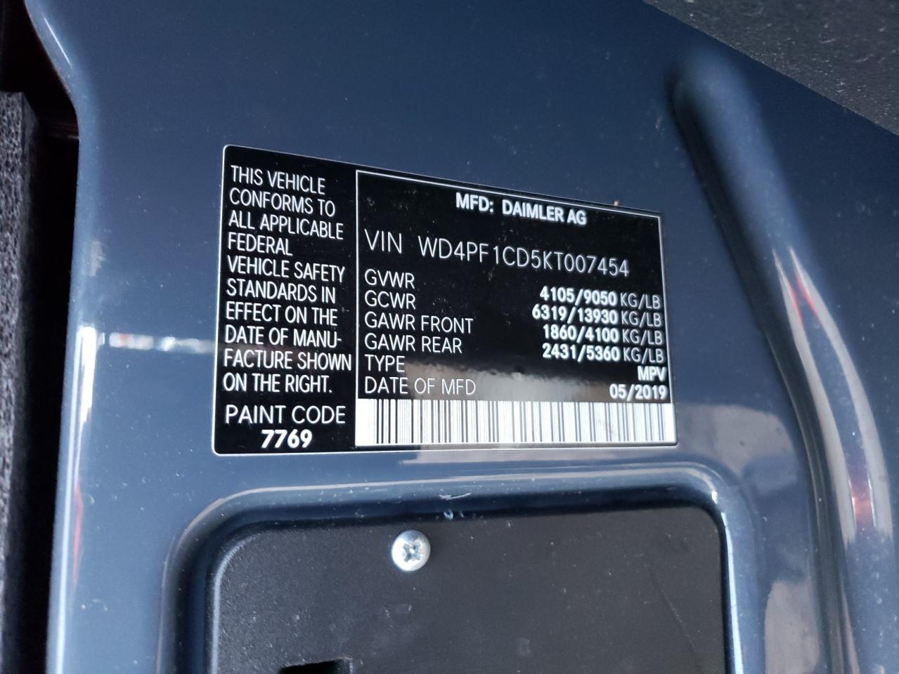 Photo 9 VIN: WD4PF1CD5KT007454 - MERCEDES-BENZ SPRINTER 