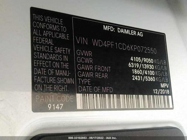 Photo 8 VIN: WD4PF1CD6KP072550 - MERCEDES-BENZ SPRINTER VAN 