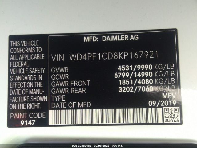 Photo 8 VIN: WD4PF1CD8KP167921 - MERCEDES-BENZ SPRINTER VAN 