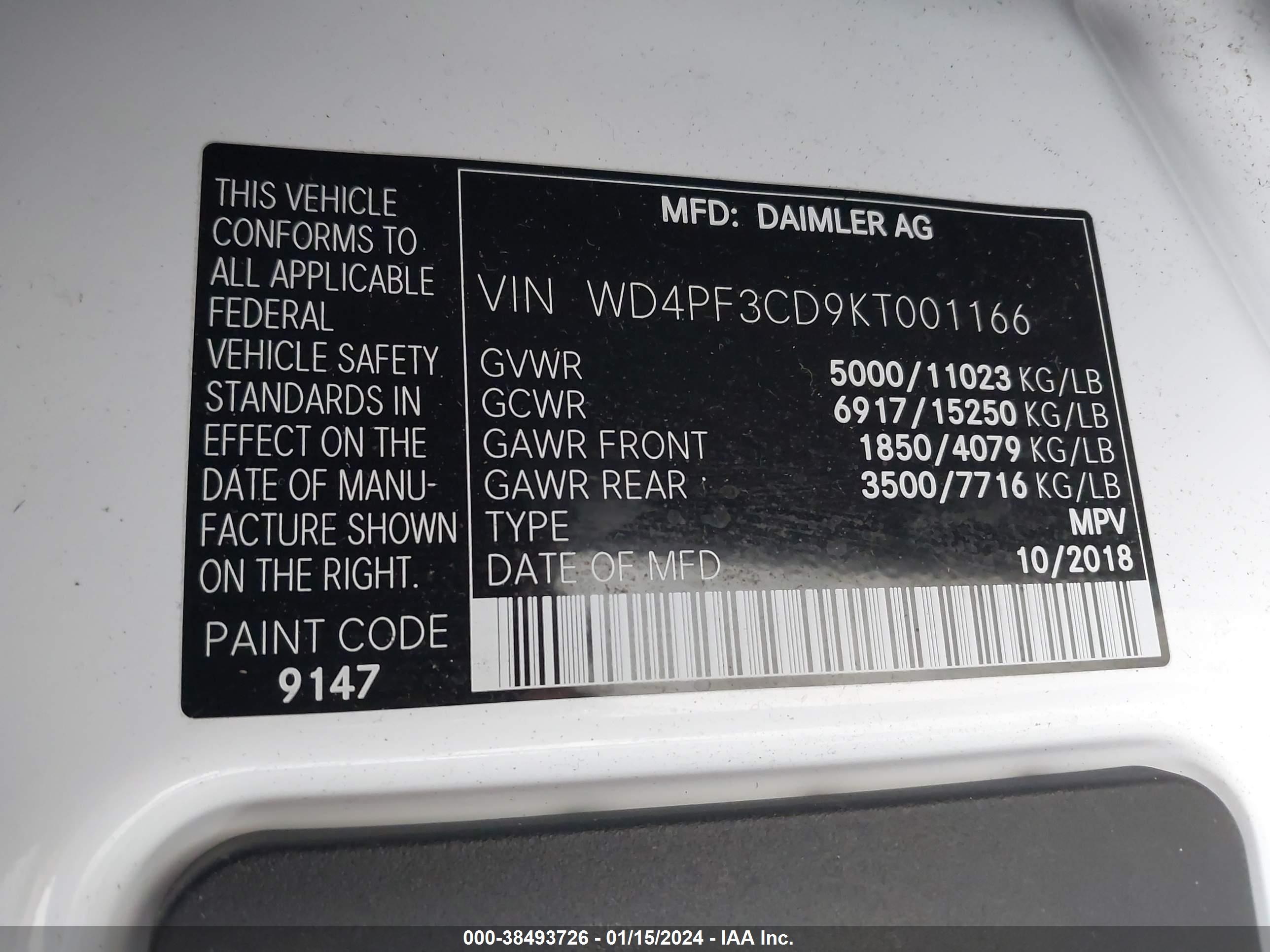 Photo 8 VIN: WD4PF3CD9KT001166 - MERCEDES-BENZ SPRINTER 