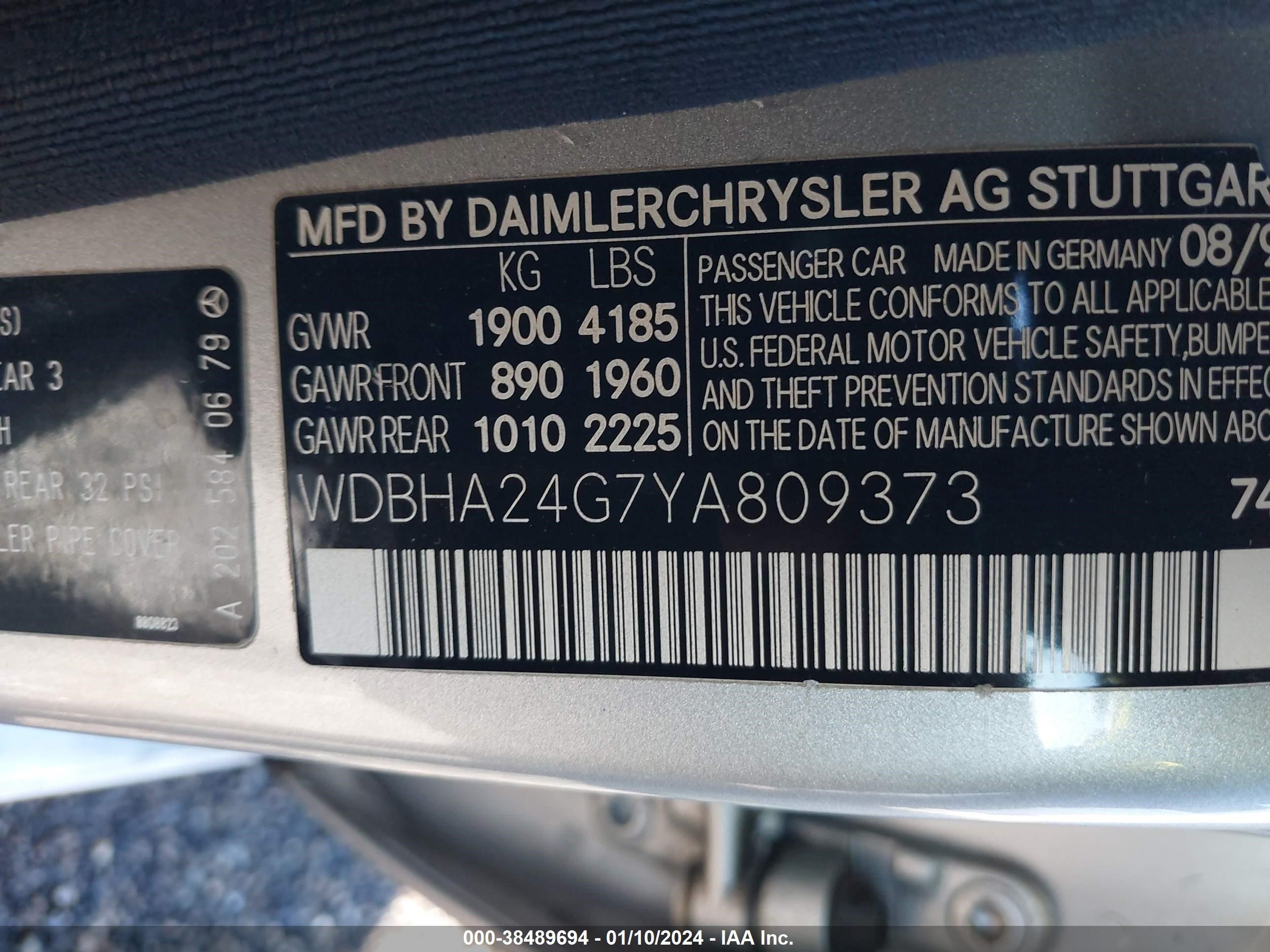 Photo 8 VIN: WDBHA24G7YA809373 - MERCEDES-BENZ C-KLASSE 