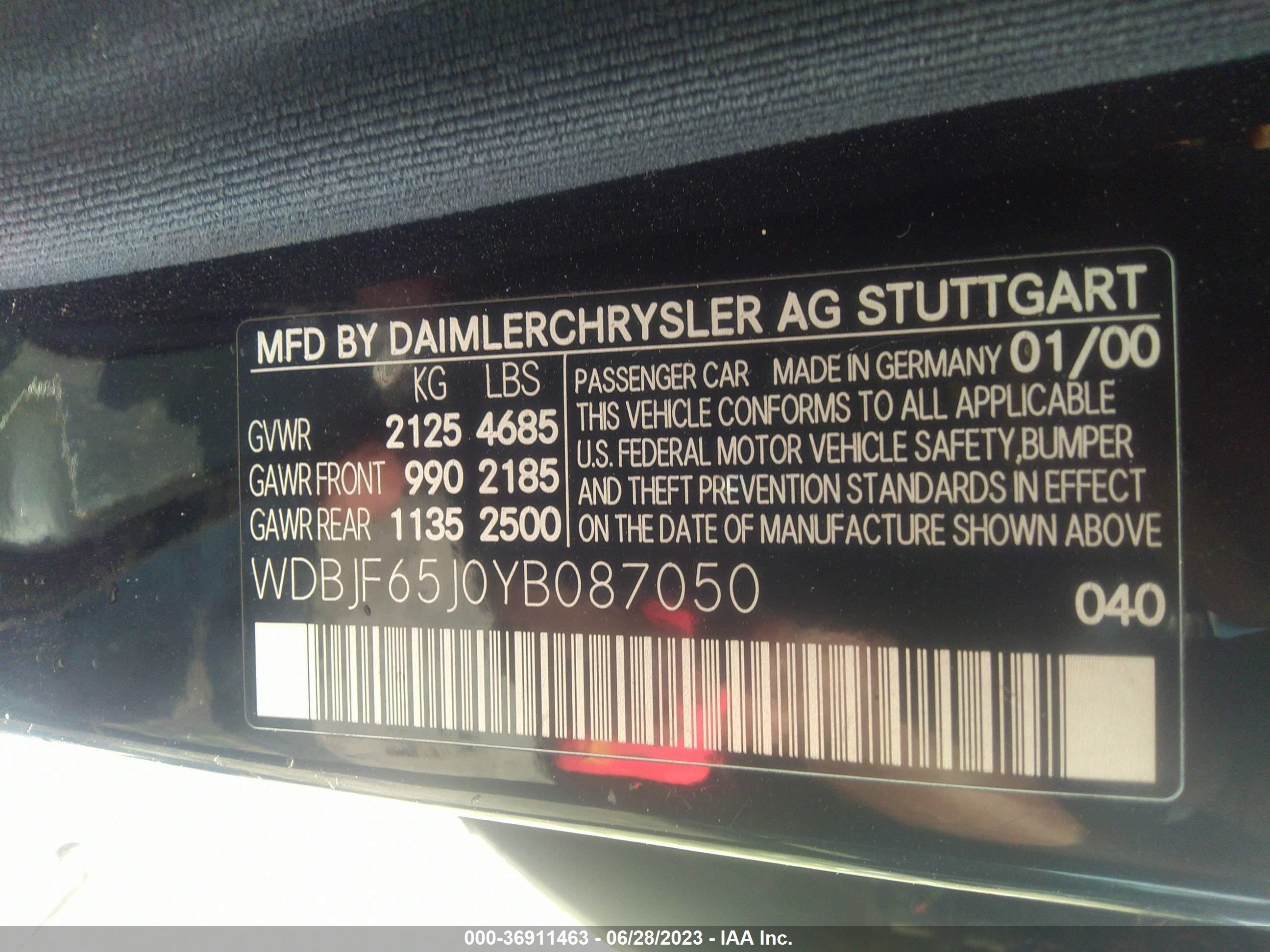 Photo 8 VIN: WDBJF65J0YB087050 - MERCEDES-BENZ E-KLASSE 