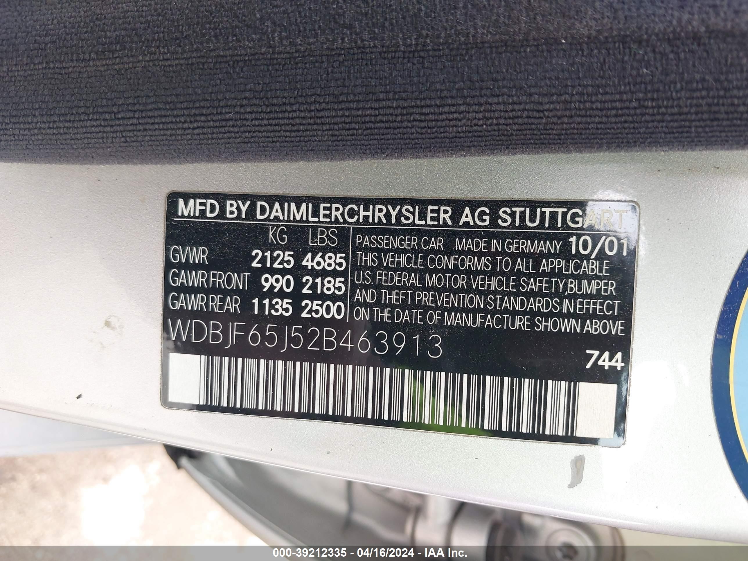 Photo 8 VIN: WDBJF65J52B463913 - MERCEDES-BENZ NULL 