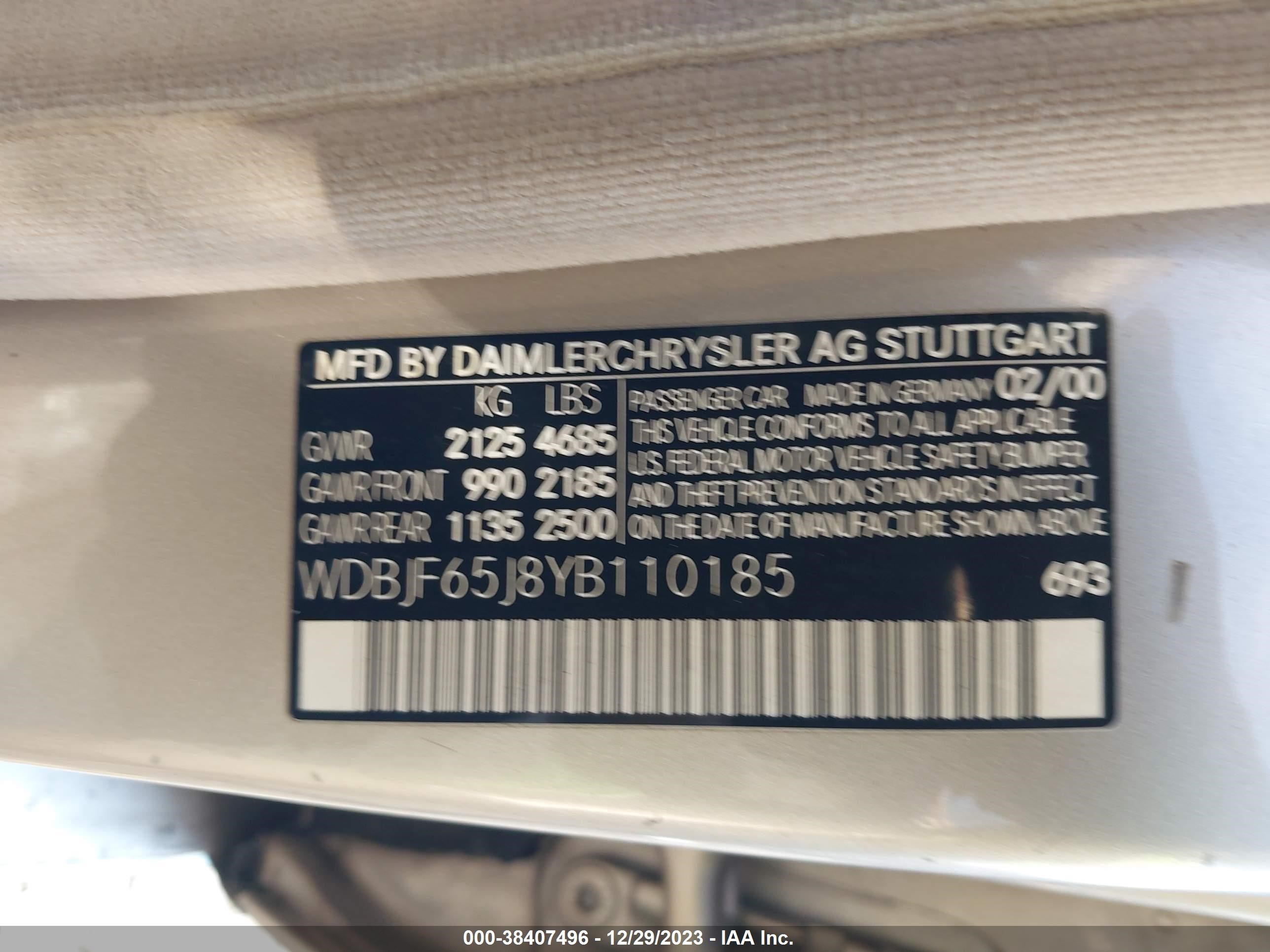 Photo 8 VIN: WDBJF65J8YB110185 - MERCEDES-BENZ E-KLASSE 