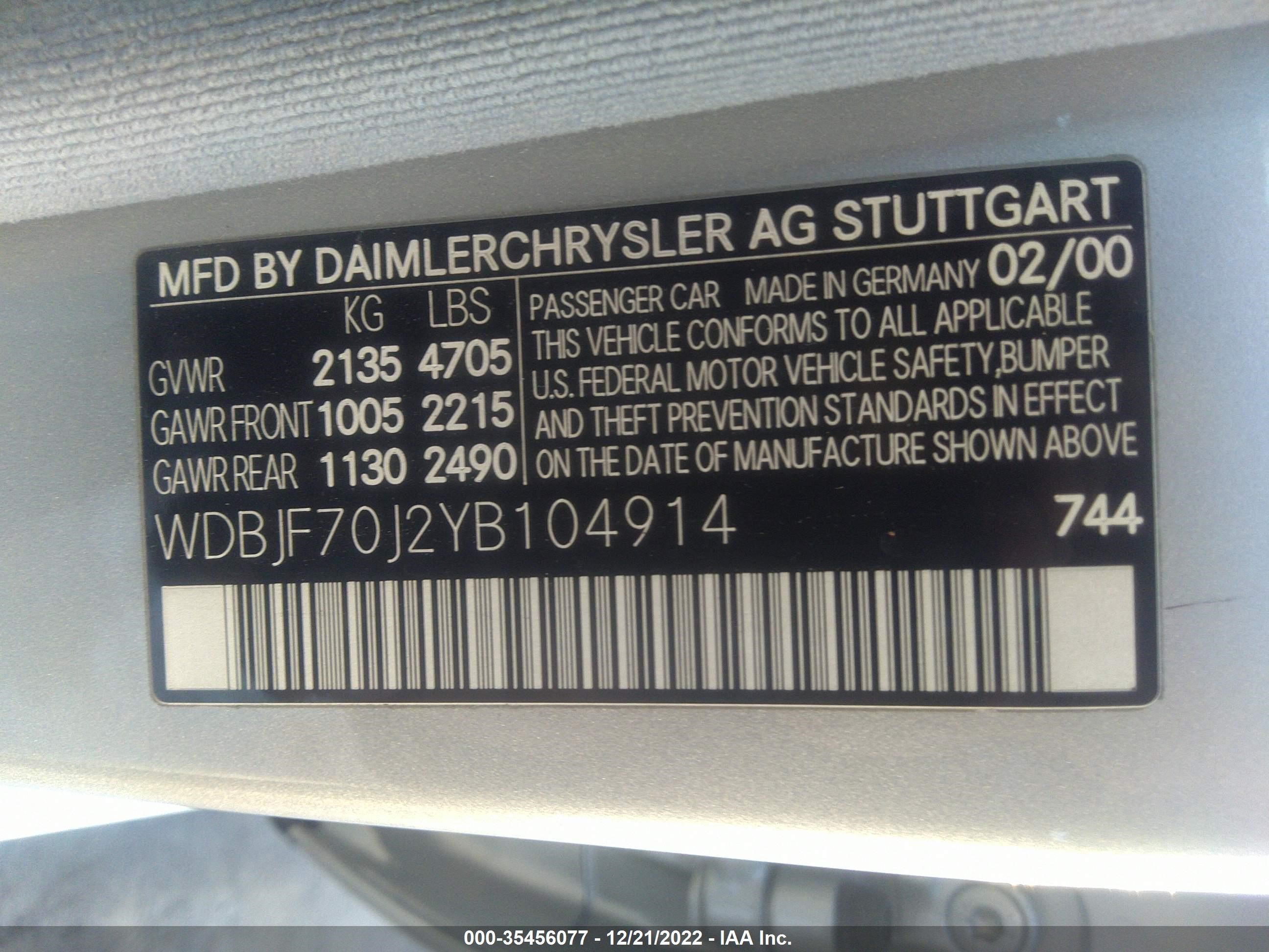 Photo 8 VIN: WDBJF70J2YB104914 - MERCEDES-BENZ E-KLASSE 