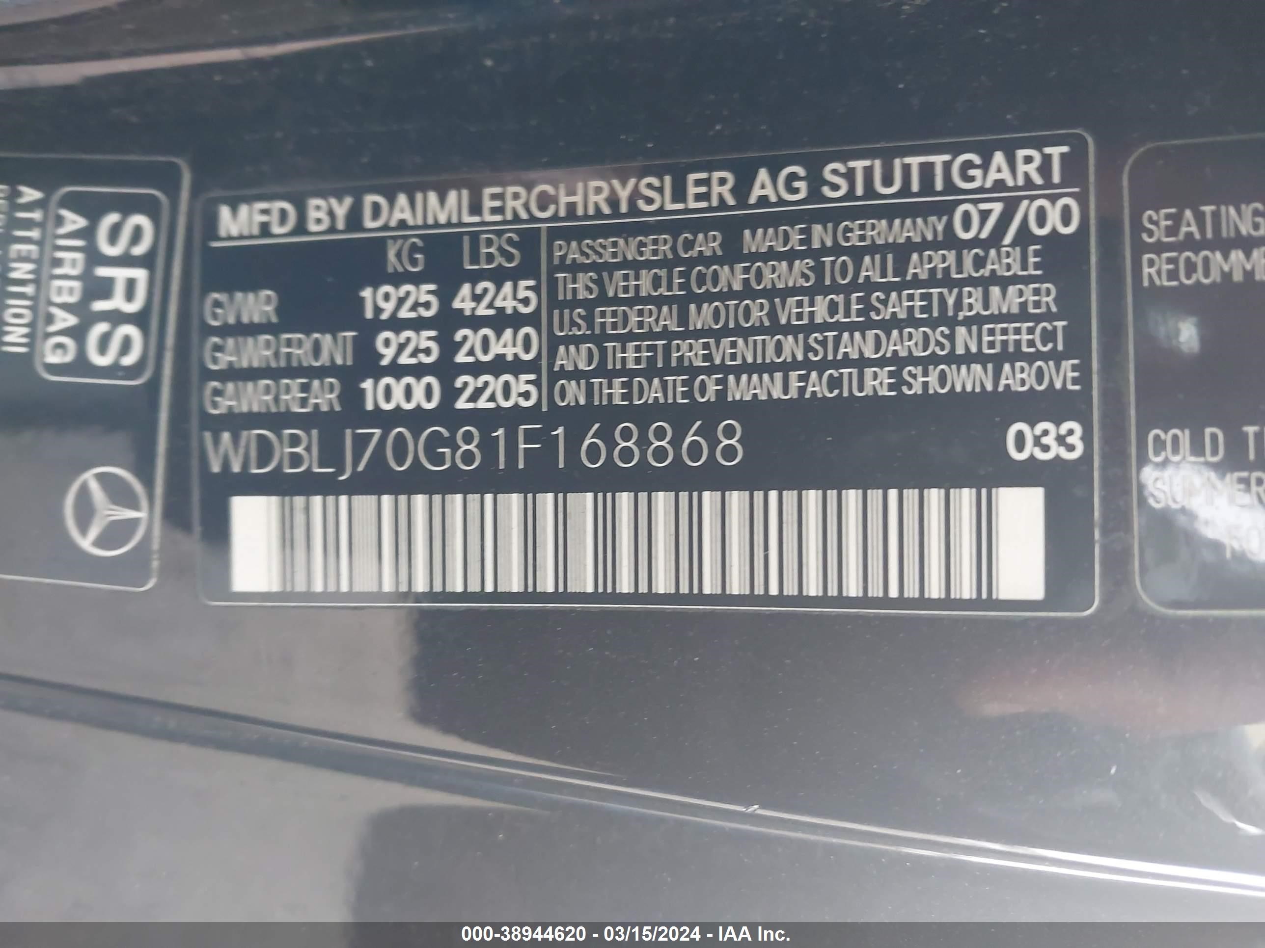 Photo 8 VIN: WDBLJ70G81F168868 - MERCEDES-BENZ NULL 