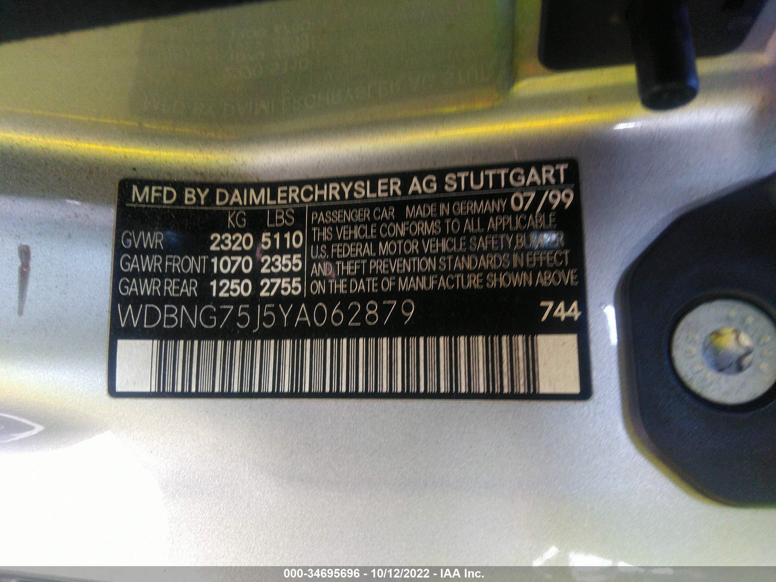 Photo 8 VIN: WDBNG75J5YA062879 - MERCEDES-BENZ S-KLASSE 