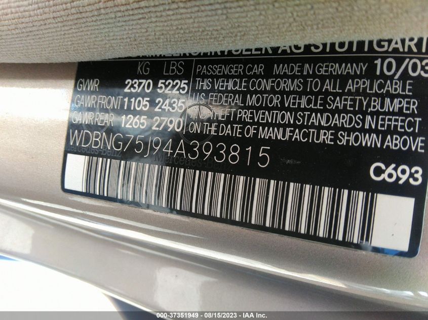 Photo 8 VIN: WDBNG75J94A393815 - MERCEDES-BENZ S-KLASSE 