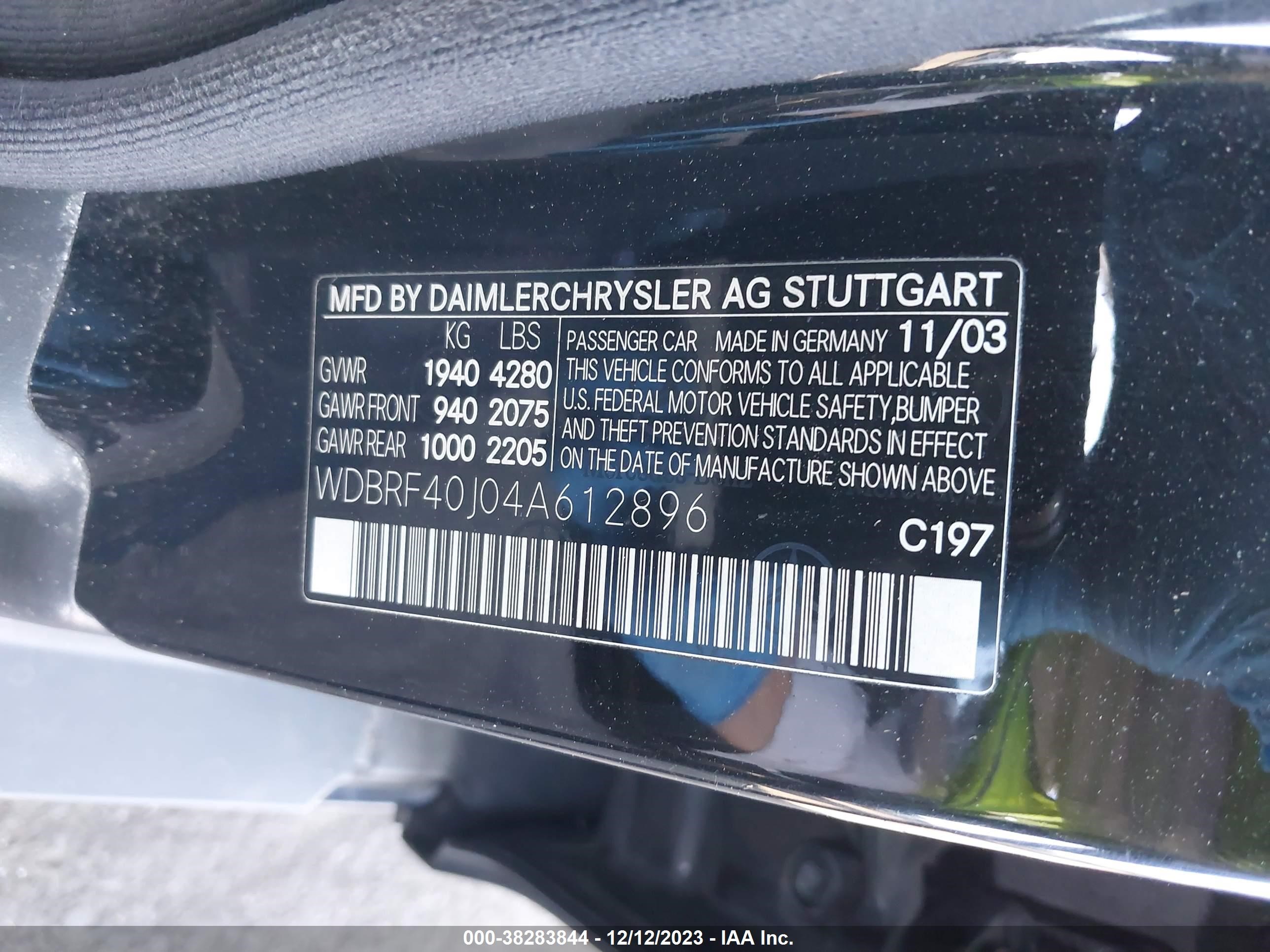 Photo 8 VIN: WDBRF40J04A612896 - MERCEDES-BENZ C-KLASSE 