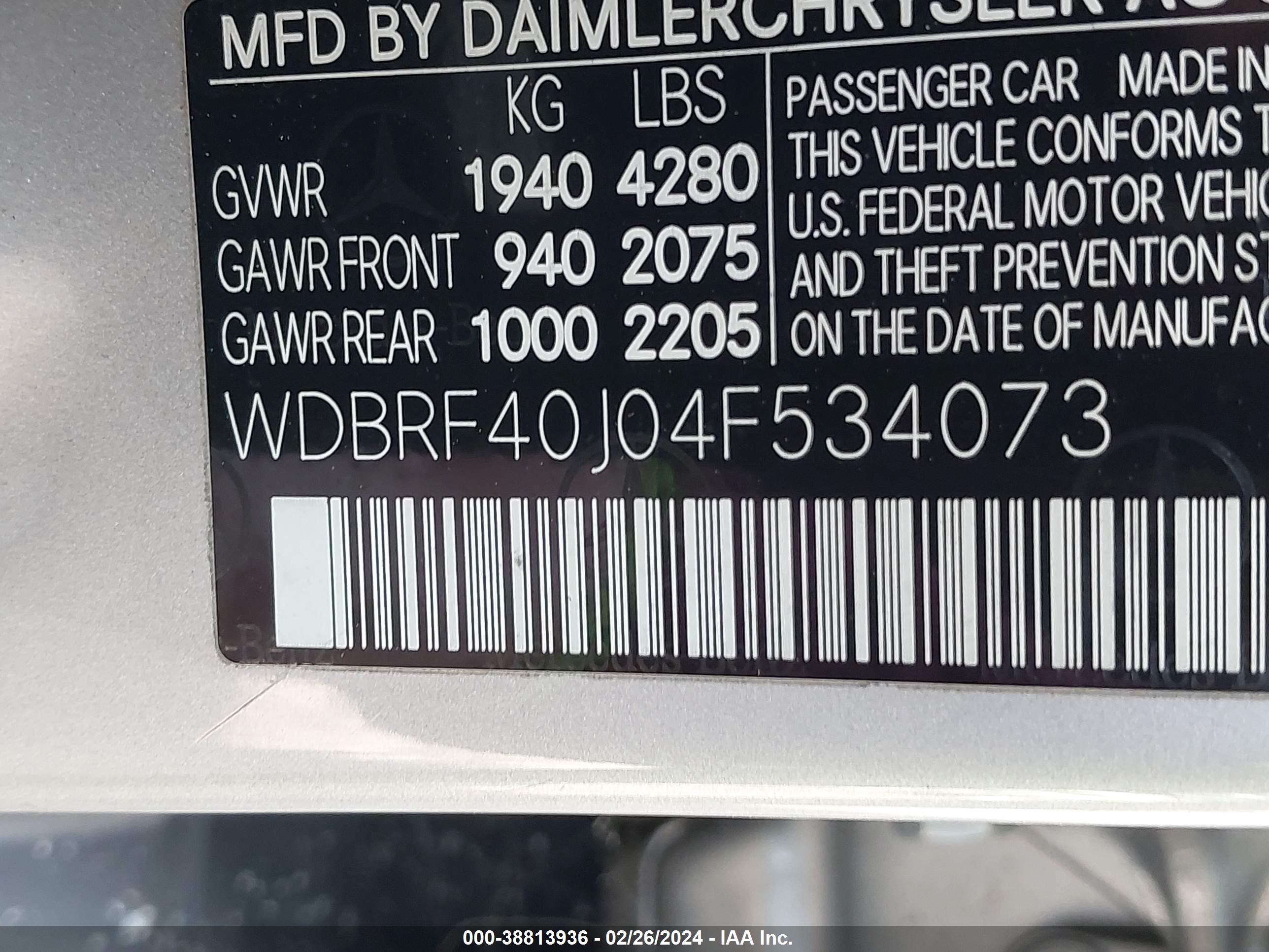 Photo 8 VIN: WDBRF40J04F534073 - MERCEDES-BENZ NULL 