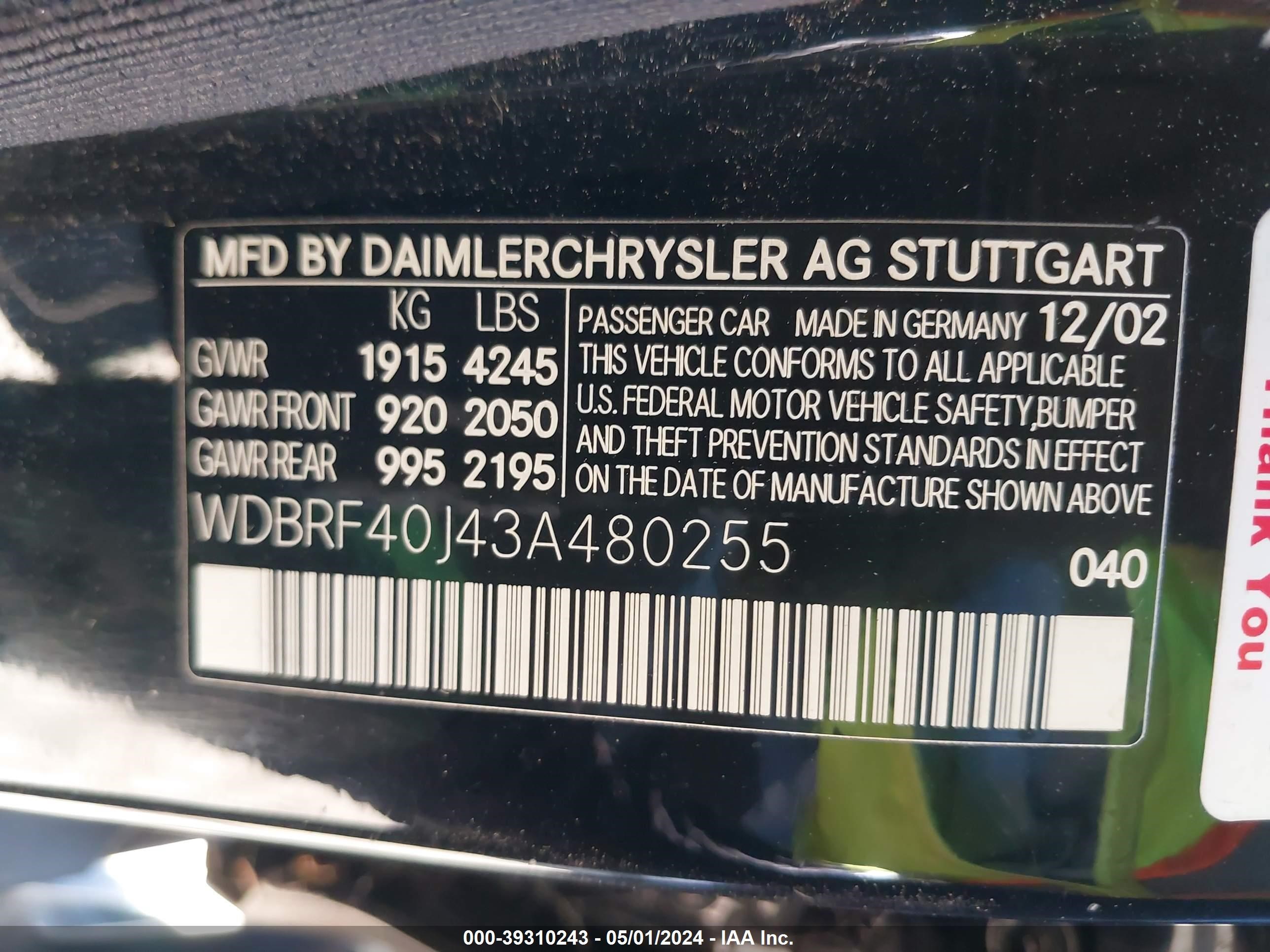 Photo 8 VIN: WDBRF40J43A480255 - MERCEDES-BENZ NULL 