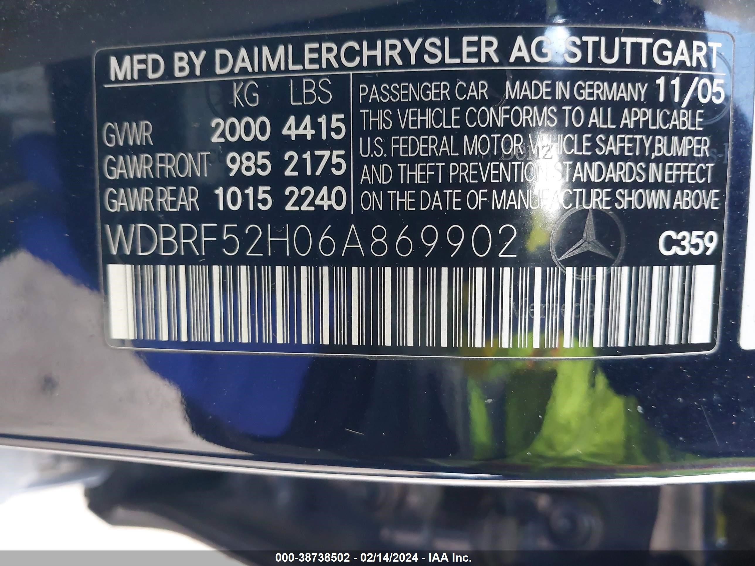 Photo 8 VIN: WDBRF52H06A869902 - MERCEDES-BENZ NULL 