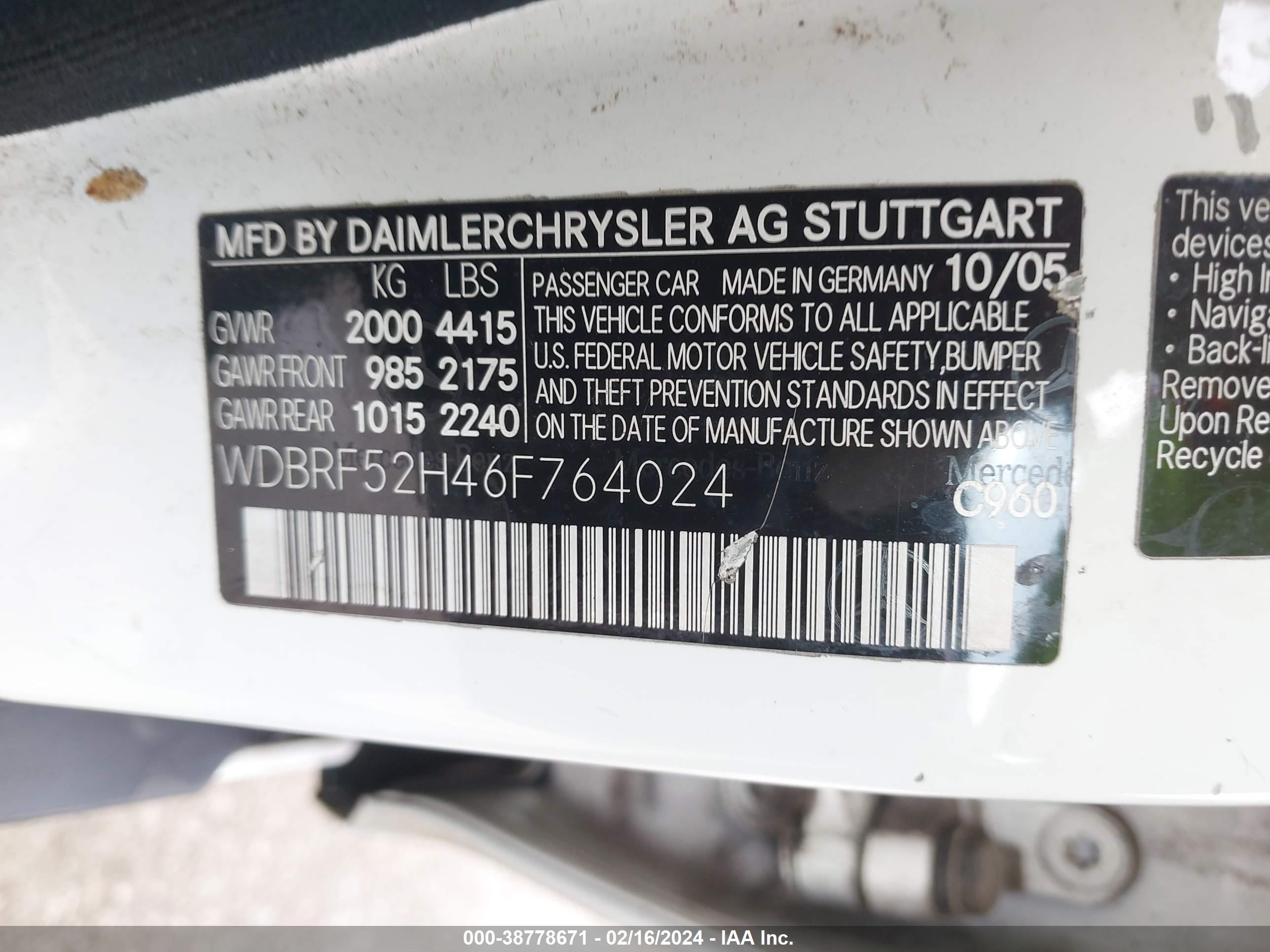 Photo 8 VIN: WDBRF52H46F764024 - MERCEDES-BENZ NULL 