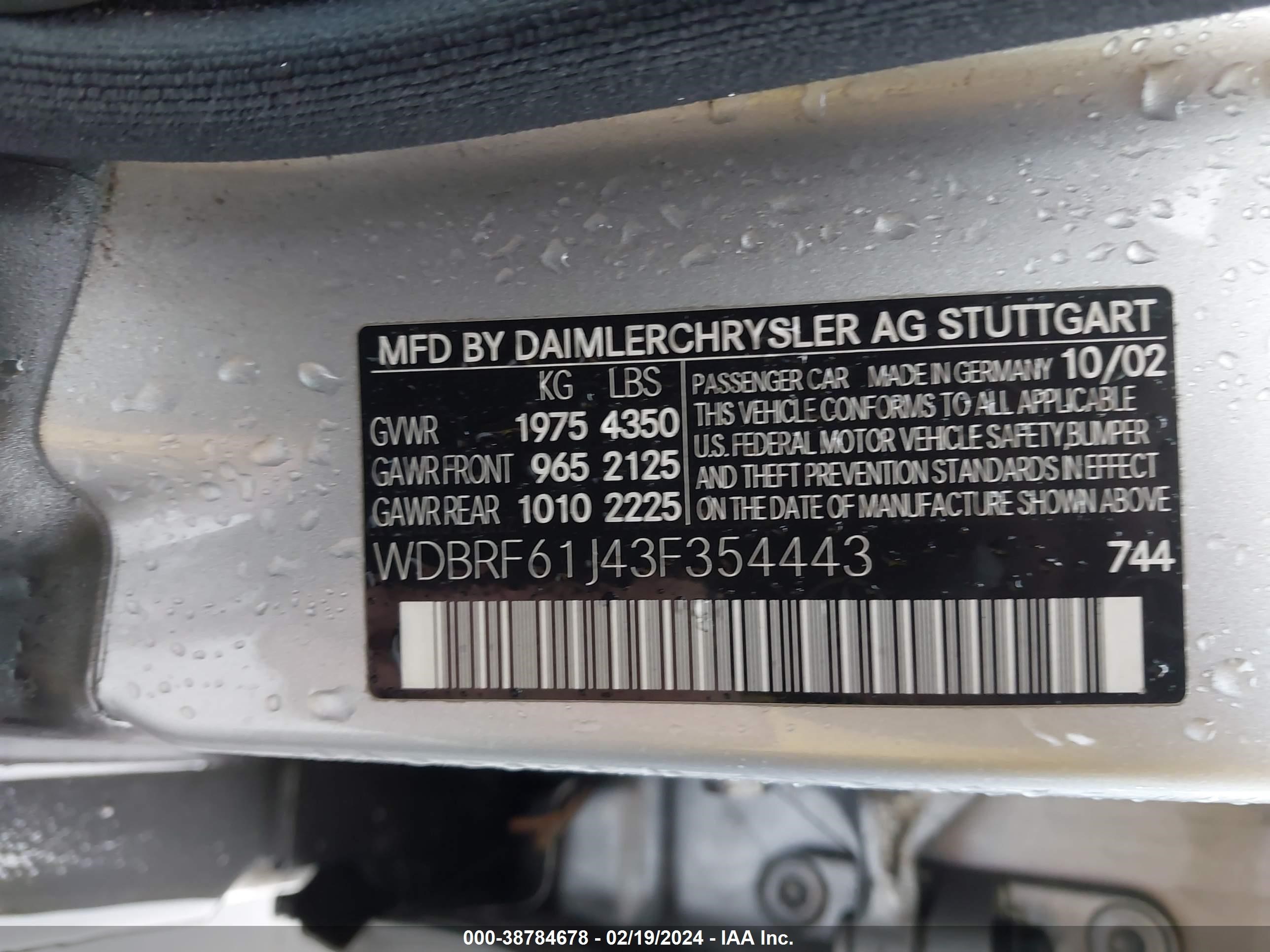 Photo 8 VIN: WDBRF61J43F354443 - MERCEDES-BENZ NULL 