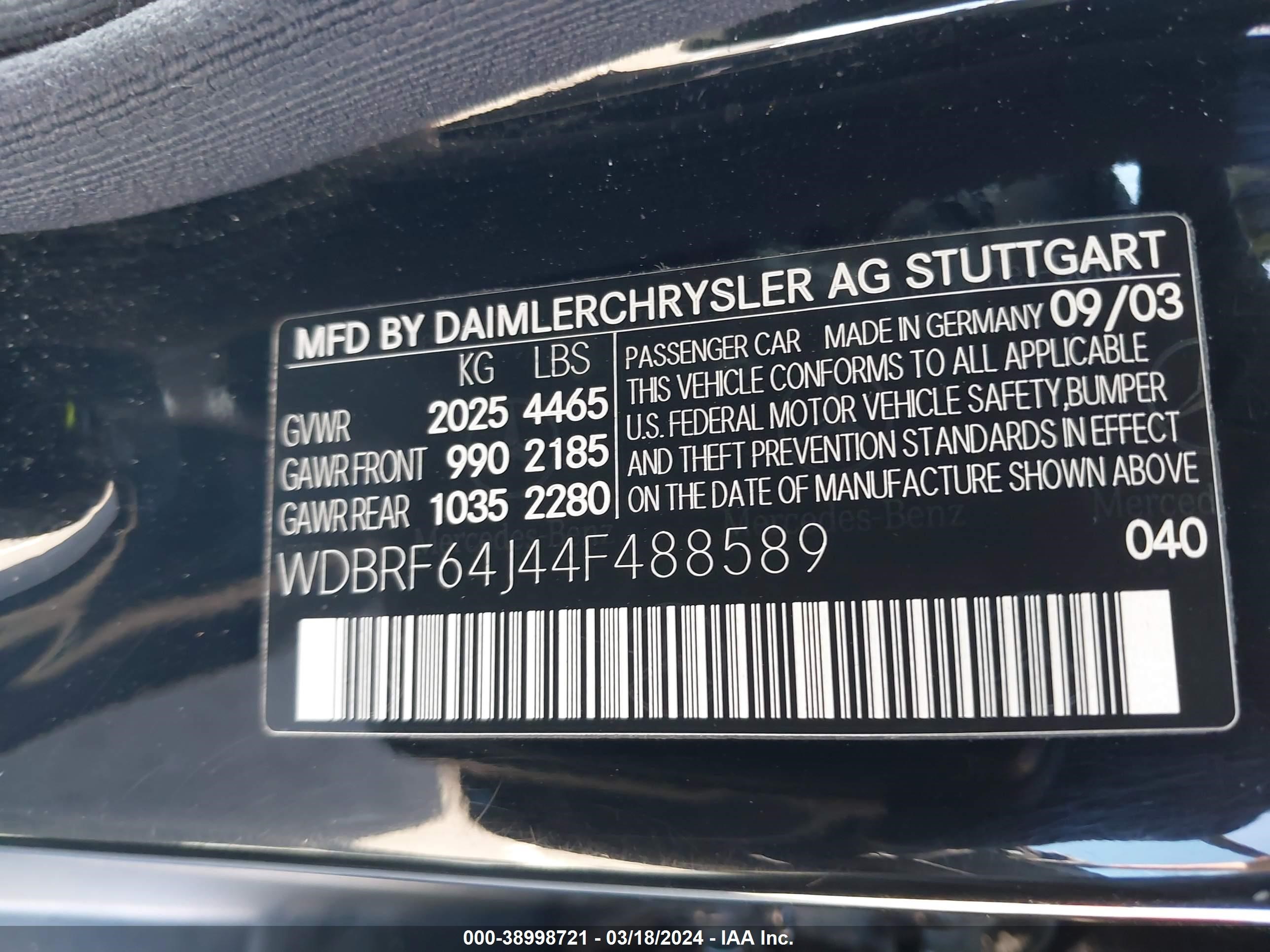 Photo 8 VIN: WDBRF64J44F488589 - MERCEDES-BENZ NULL 