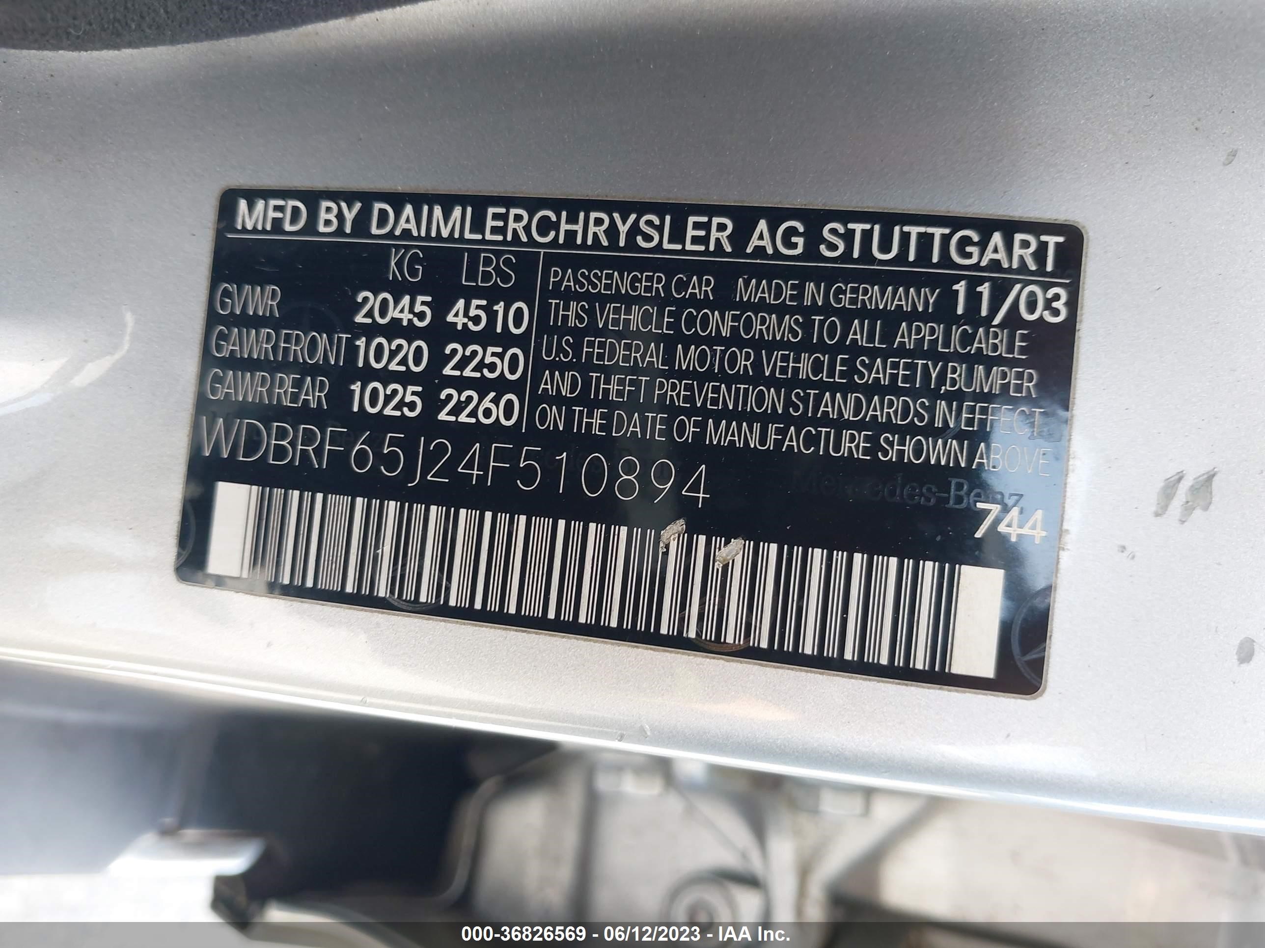 Photo 8 VIN: WDBRF65J24F510894 - MERCEDES-BENZ C-KLASSE 