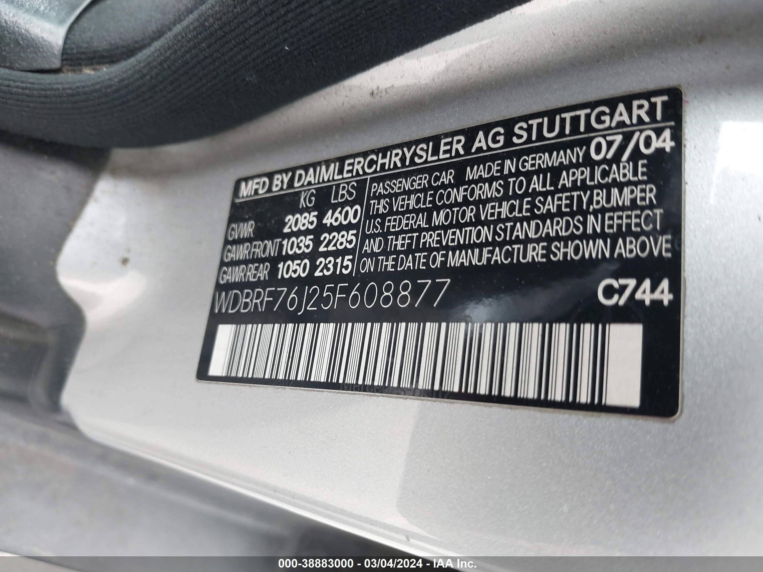 Photo 8 VIN: WDBRF76J25F608877 - MERCEDES-BENZ NULL 