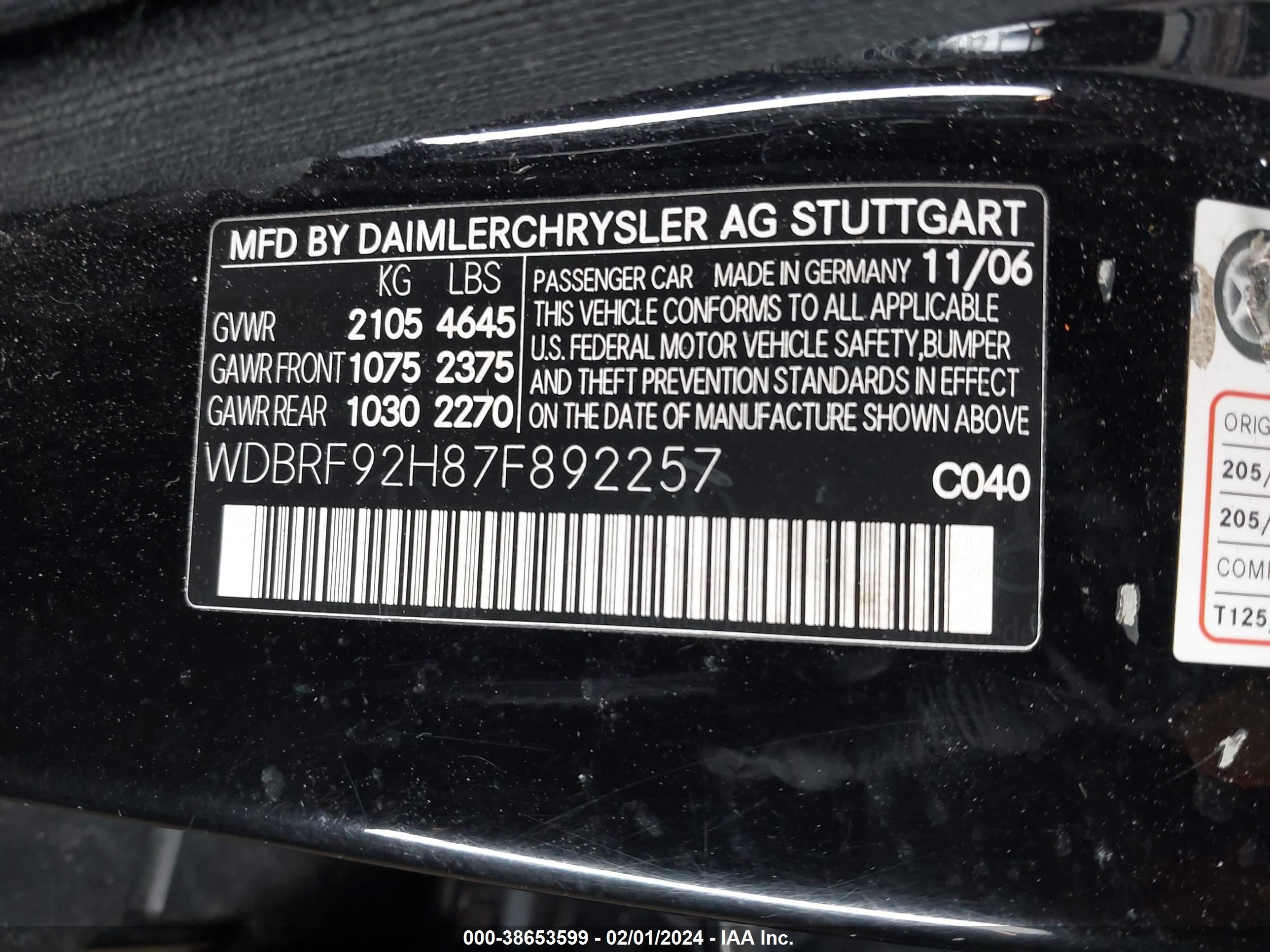 Photo 8 VIN: WDBRF92H87F892257 - MERCEDES-BENZ C-KLASSE 