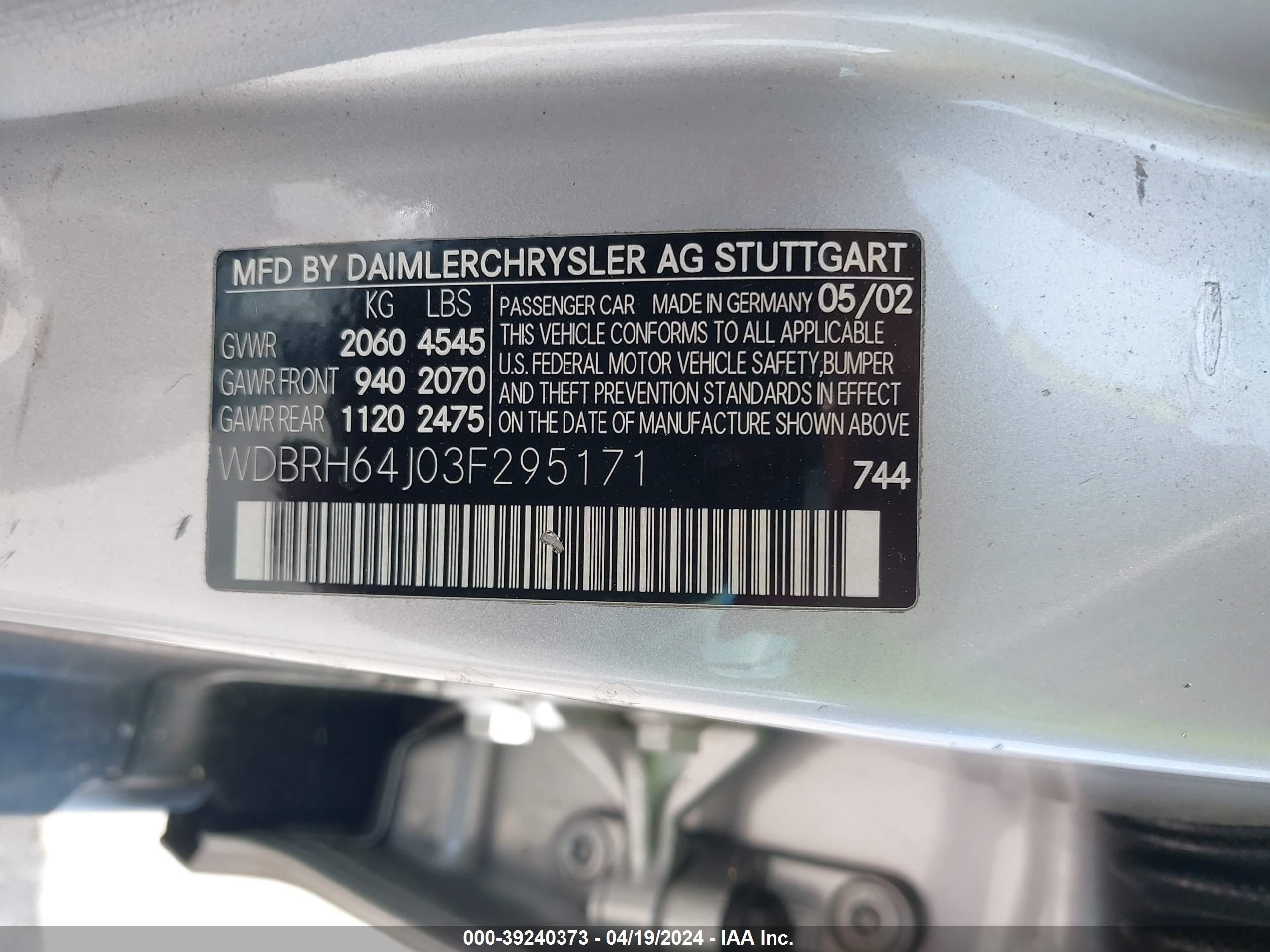 Photo 8 VIN: WDBRH64J03F295171 - MERCEDES-BENZ NULL 