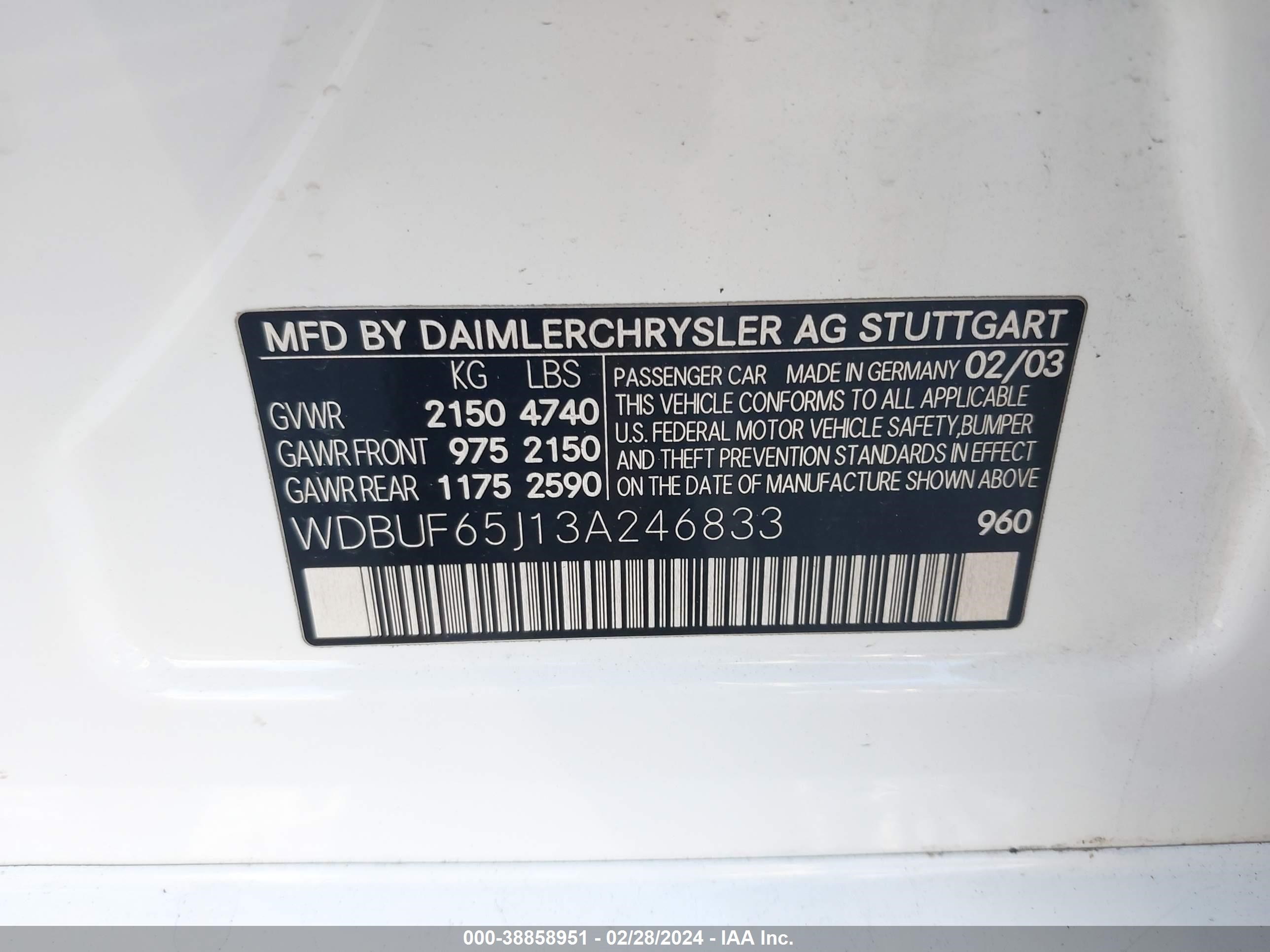 Photo 8 VIN: WDBUF65J13A246833 - MERCEDES-BENZ NULL 