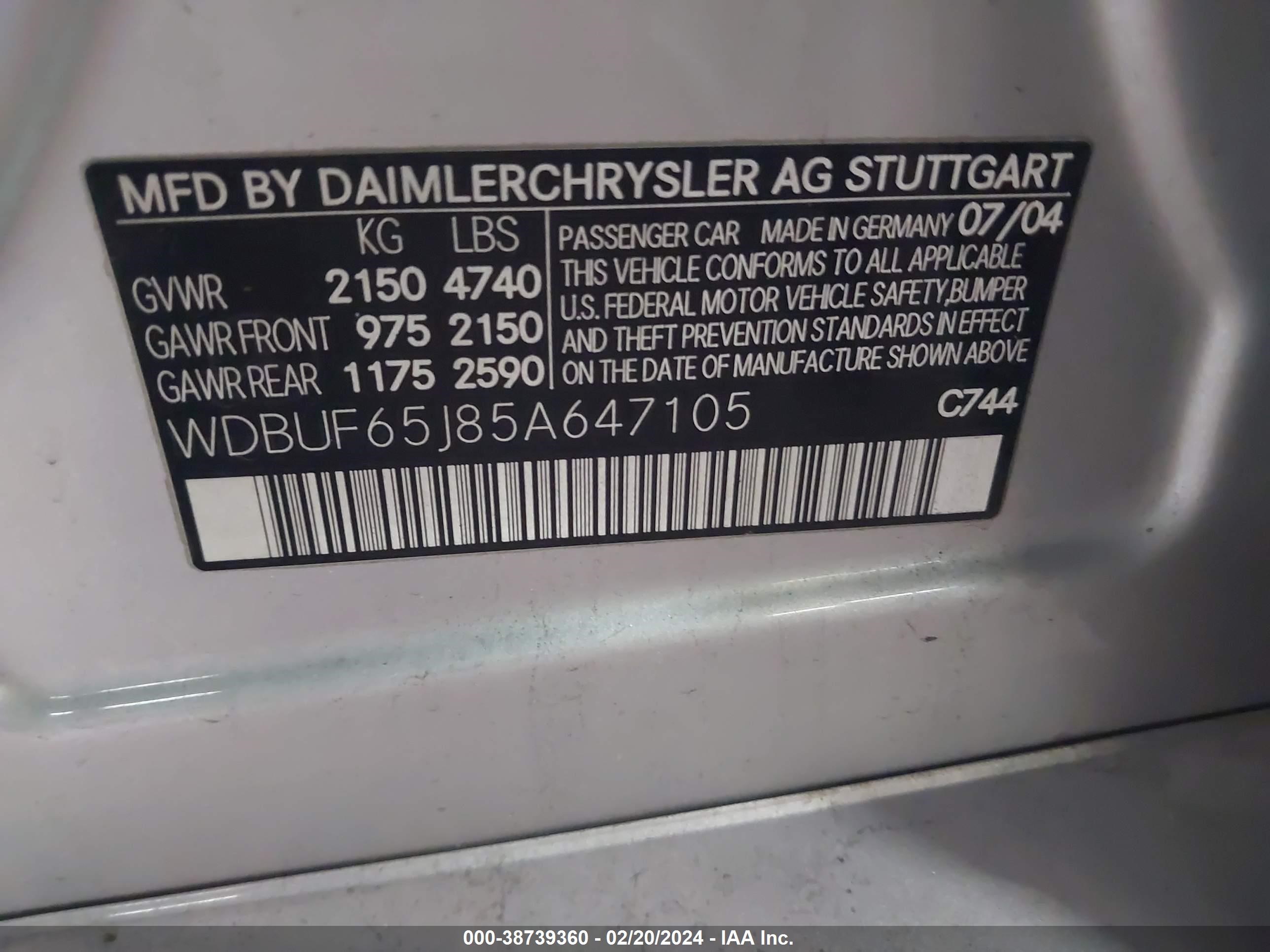 Photo 8 VIN: WDBUF65J85A647105 - MERCEDES-BENZ E-KLASSE 