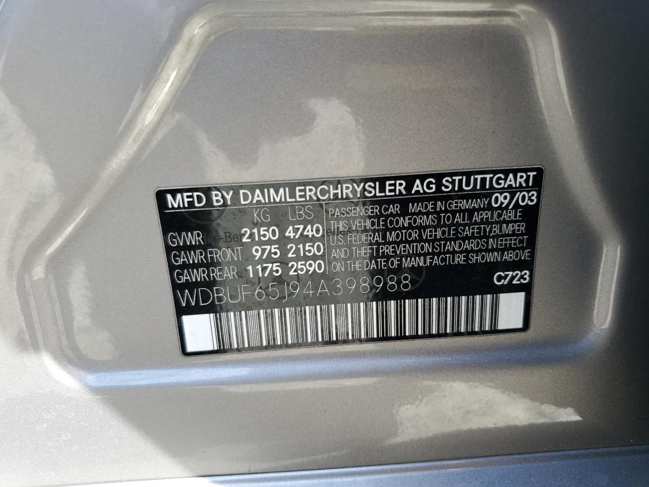 Photo 11 VIN: WDBUF65J94A398988 - MERCEDES-BENZ E-KLASSE 