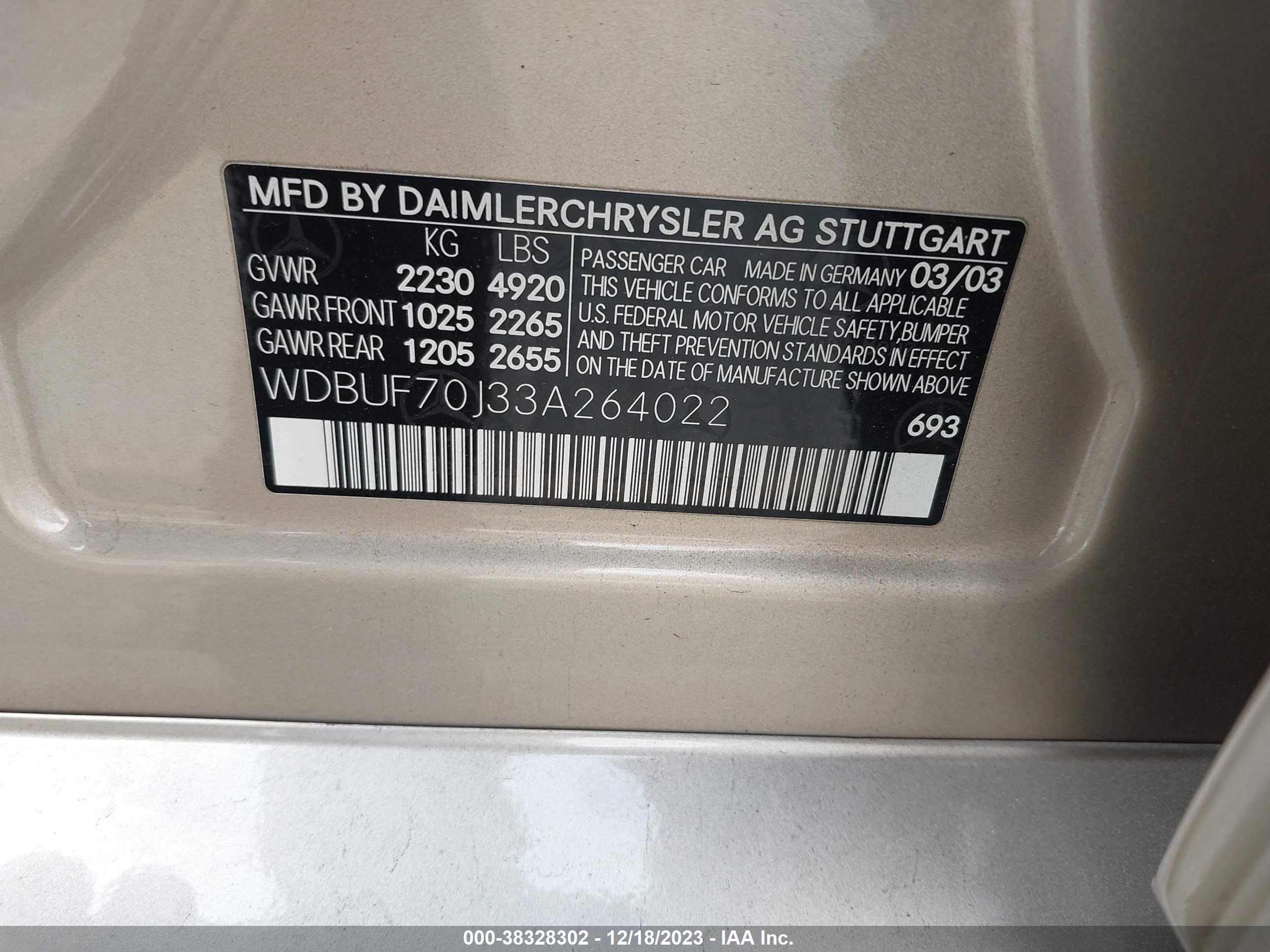 Photo 8 VIN: WDBUF70J33A264022 - MERCEDES-BENZ E-KLASSE 