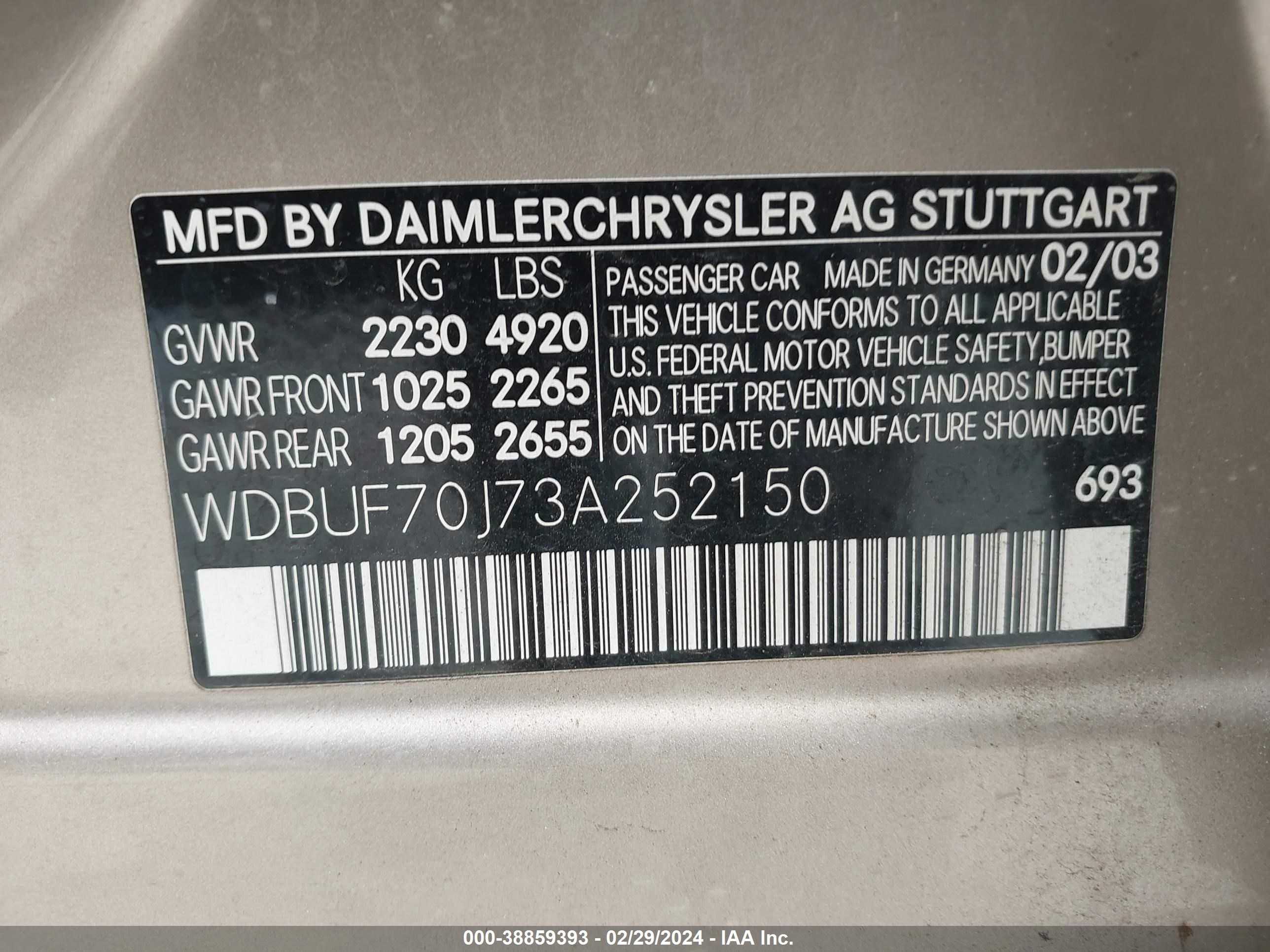 Photo 8 VIN: WDBUF70J73A252150 - MERCEDES-BENZ NULL 