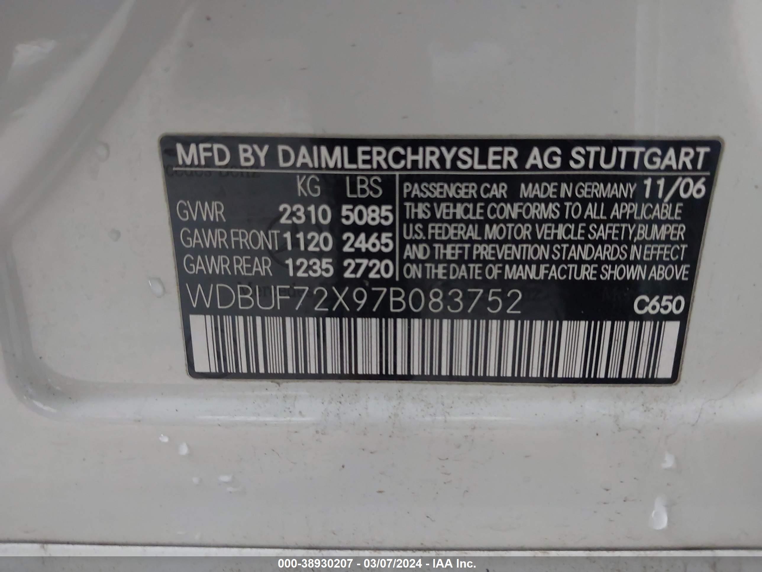 Photo 8 VIN: WDBUF72X97B083752 - MERCEDES-BENZ NULL 