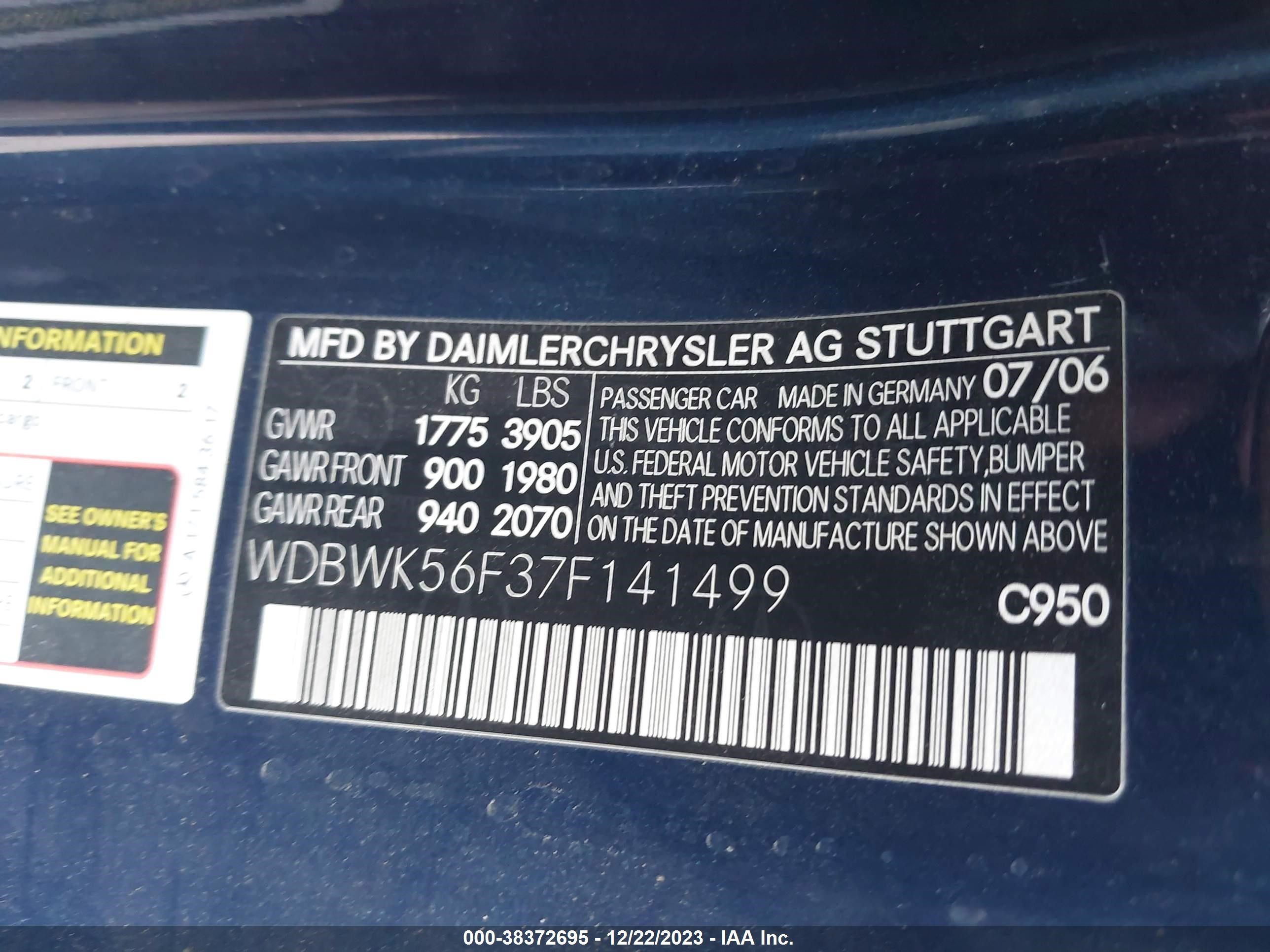 Photo 8 VIN: WDBWK56F37F141499 - MERCEDES-BENZ SLK-KLASSE 