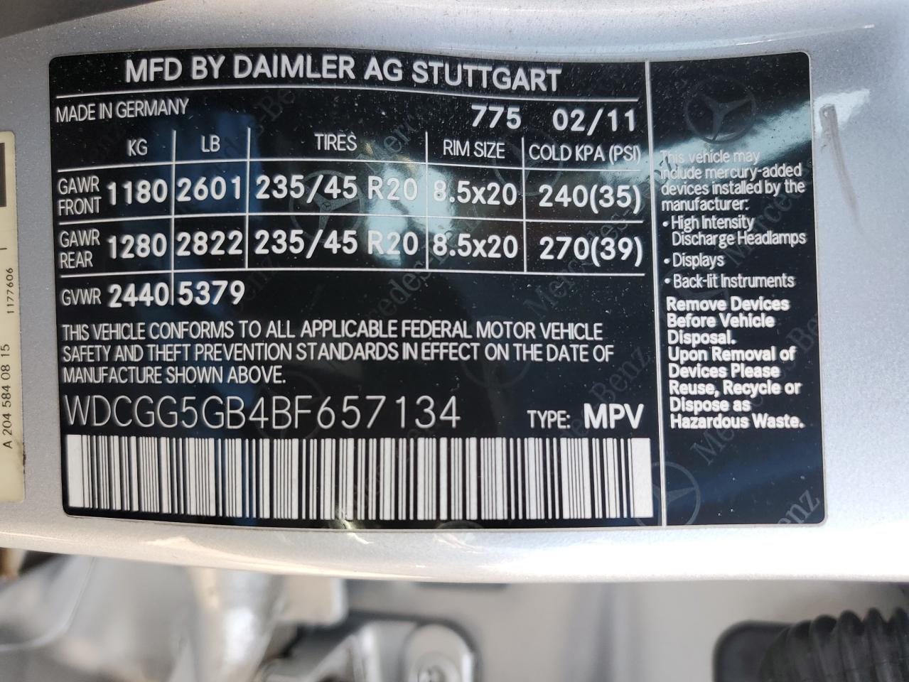 Photo 11 VIN: WDCGG5GB4BF657134 - MERCEDES-BENZ GLK-KLASSE 