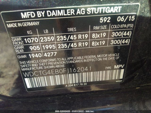 Photo 8 VIN: WDCTG4EB0FJ162041 - MERCEDES-BENZ GLA-CLASS 