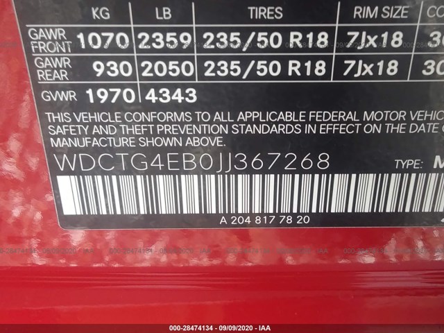 Photo 8 VIN: WDCTG4EB0JJ367268 - MERCEDES-BENZ GLA 