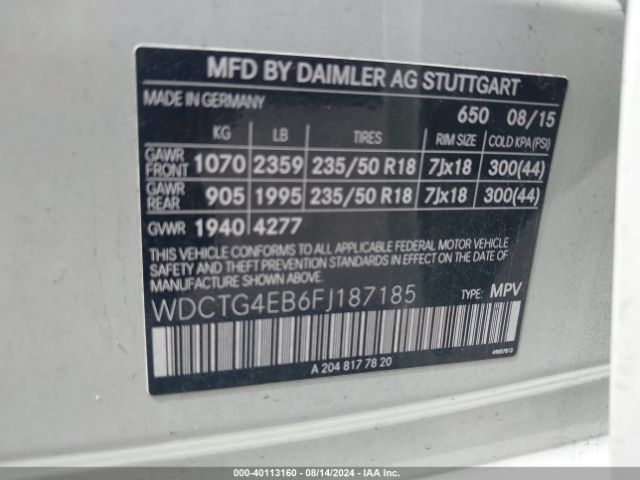 Photo 8 VIN: WDCTG4EB6FJ187185 - MERCEDES-BENZ GLA-CLASS 