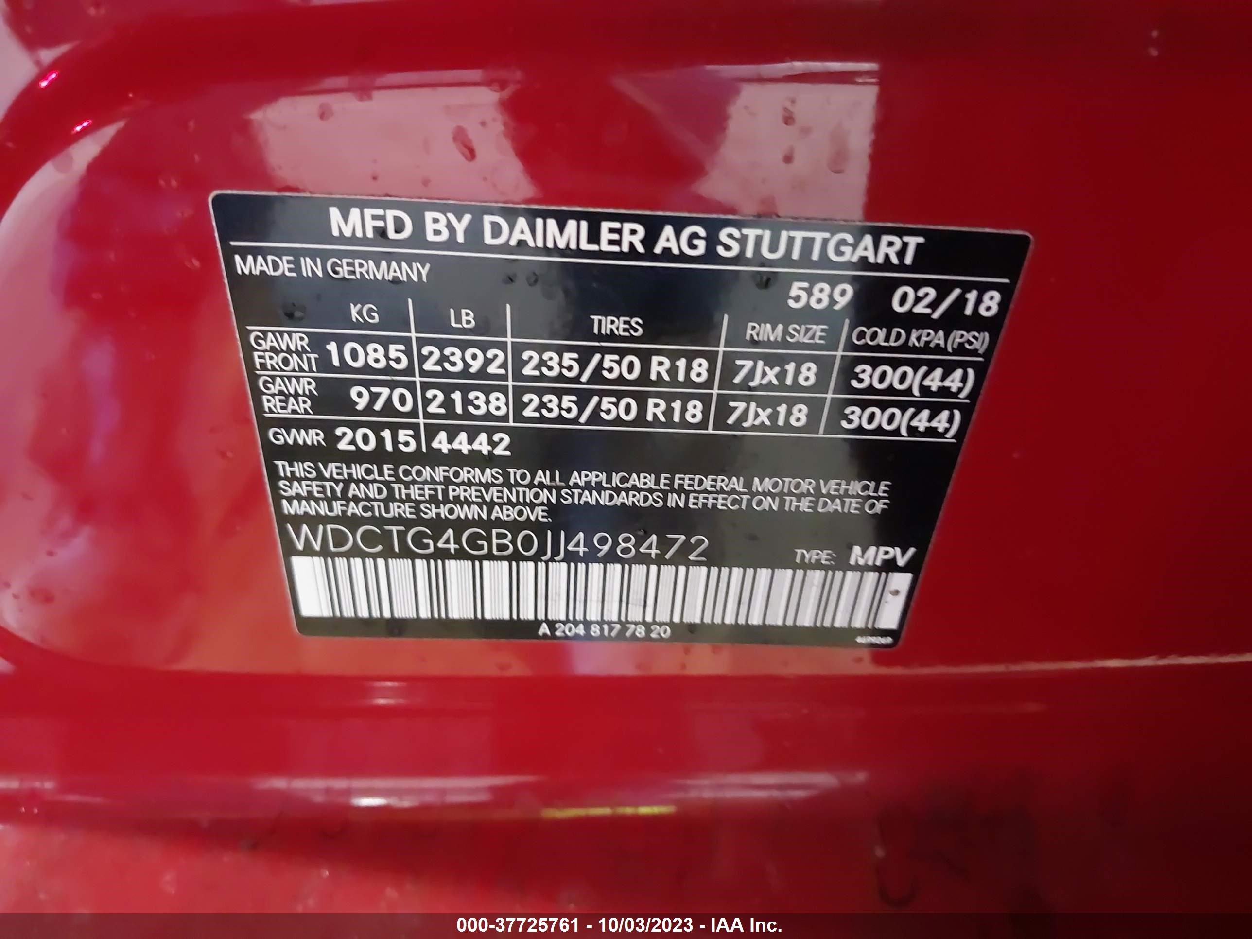 Photo 8 VIN: WDCTG4GB0JJ498472 - MERCEDES-BENZ GLA-KLASSE 