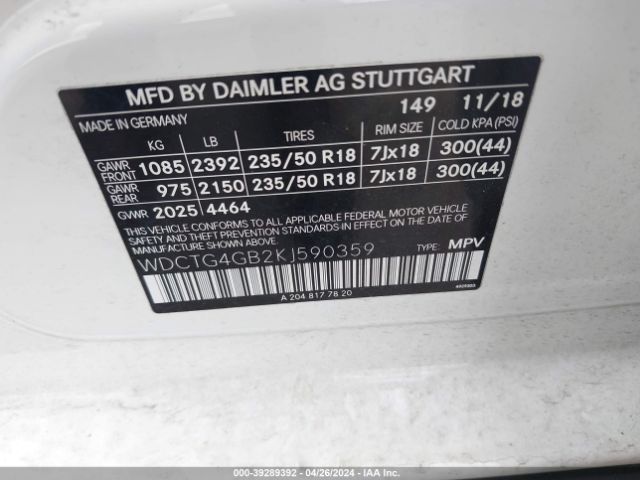 Photo 8 VIN: WDCTG4GB2KJ590359 - MERCEDES-BENZ GLA 250 