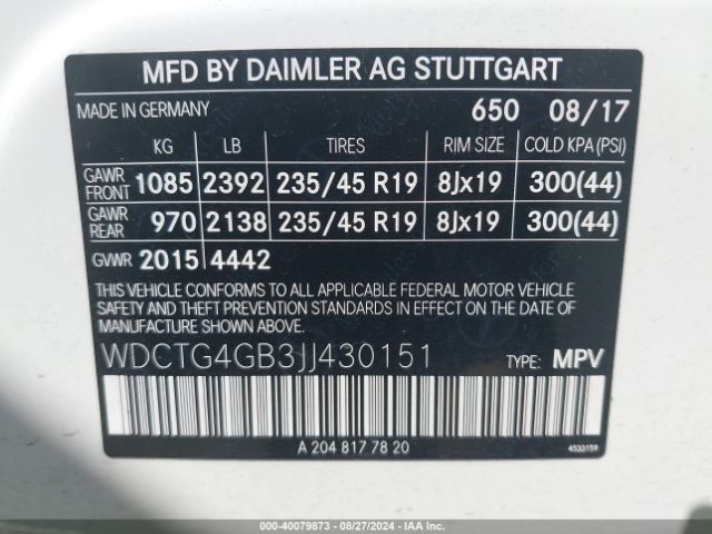 Photo 8 VIN: WDCTG4GB3JJ430151 - MERCEDES-BENZ GLA-CLASS 