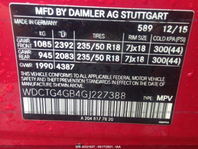 Photo 8 VIN: WDCTG4GB4GJ227388 - MERCEDES-BENZ GLA 