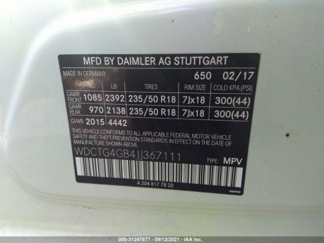 Photo 8 VIN: WDCTG4GB4JJ367111 - MERCEDES-BENZ GLA 