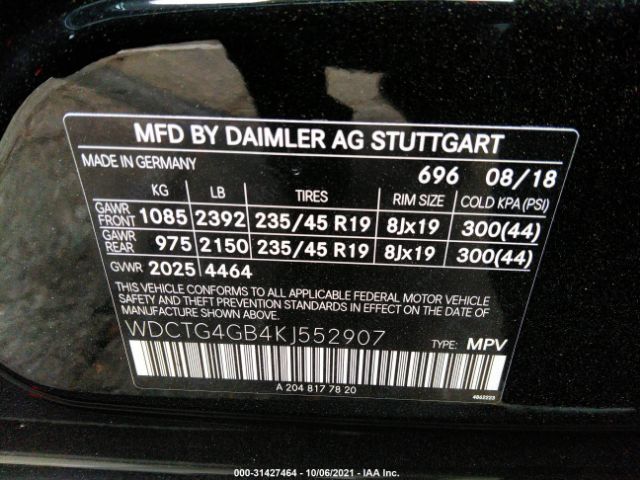 Photo 8 VIN: WDCTG4GB4KJ552907 - MERCEDES-BENZ GLA 