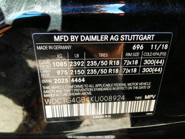 Photo 8 VIN: WDCTG4GB4KU008924 - MERCEDES-BENZ GLA 